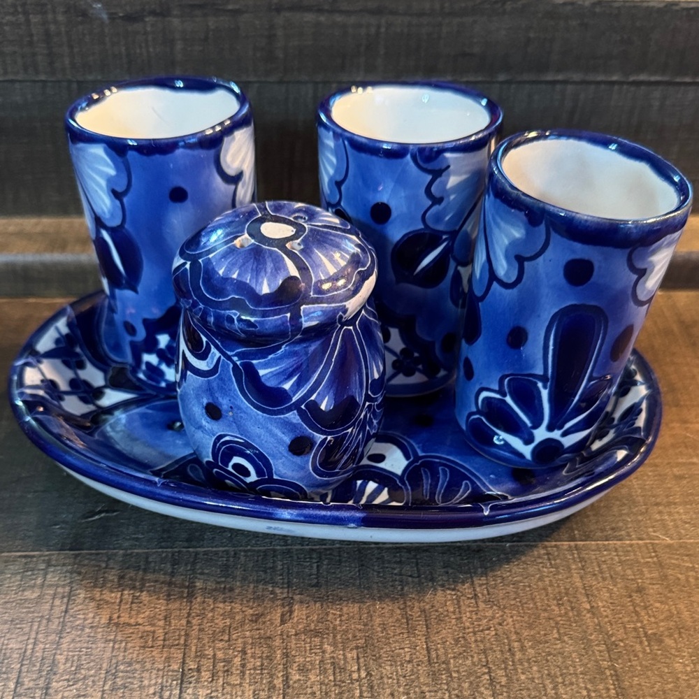 Handcrafted in Mexico- Blue Ceramic Tequila Shot and Salt Shaker Set